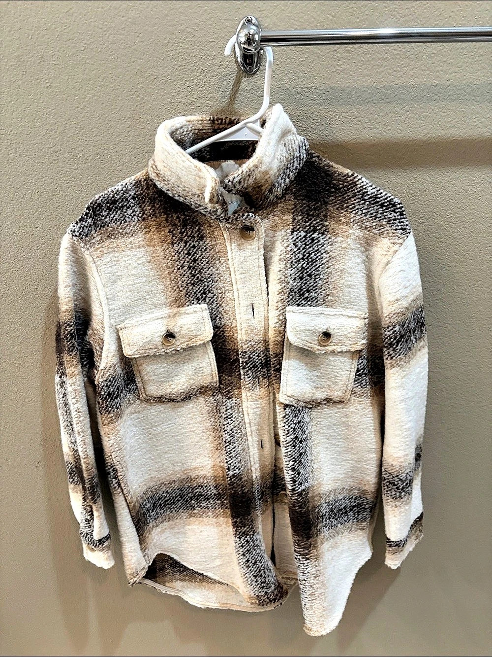joie Plaid Oversized Shacket Plaid Shacket in Brown & Cream Size Small